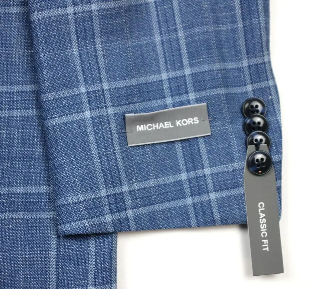 Michael Kors Blazer Mens 38 R Light Blue Plaid Wool Silk Classic Fit Sport Coat